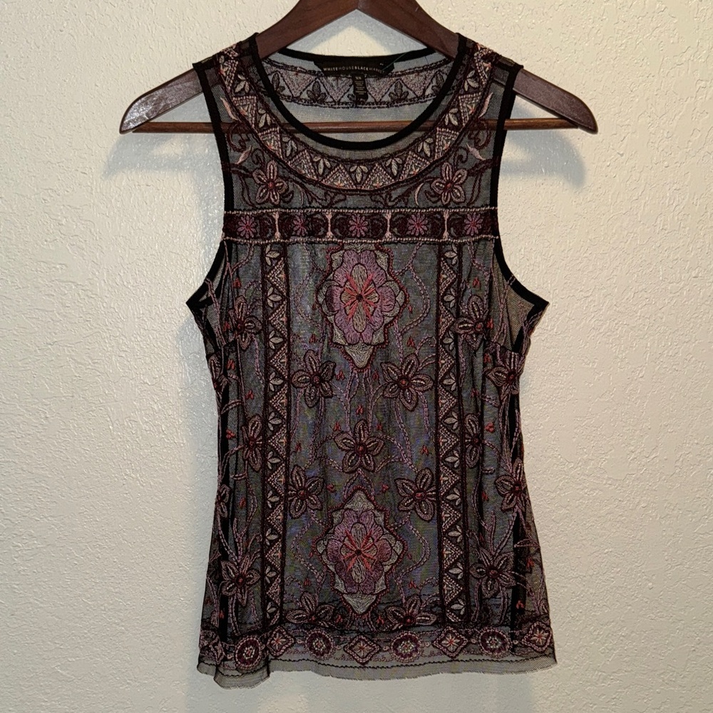 White House Black Market Black Sheer Floral Top
